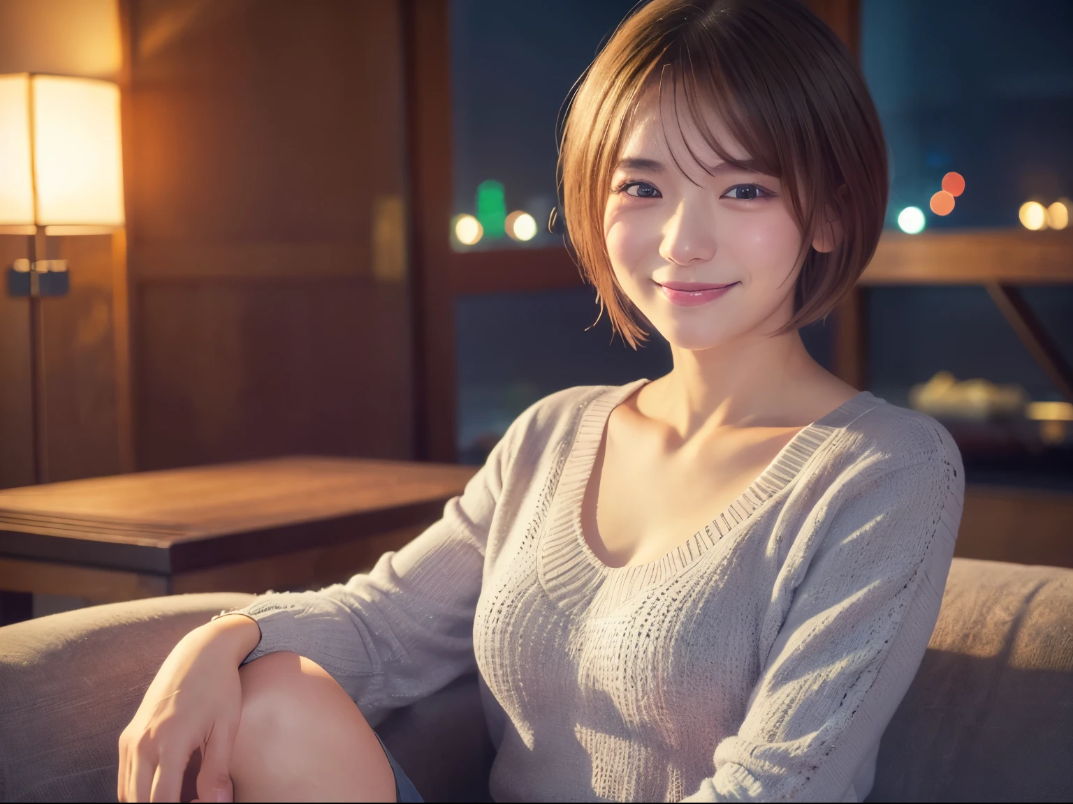 27 year old Japanese woman in casual clothes in the living room、Observe the audience、Pose with a smile(highest quality、masterpiece)))、High resolution、Very detailed、masterpiece、Light、(8k、highest quality、masterpiece:1.2)、(Realistic、Realistic:1.37) High resolution、Very detailed、One Girl 、Asian, cute, cute顔, alone, short hair1.2, Textured skin, Beautiful smile, Beautifully detailed skies, night, Light, Written boundary depth, レンズフレアLight、Sitting、date、(Blushing your nose)、(Laughter:1.15)、(Mouth closed)Small breasts、A beautiful eye for detail、(sweater:1.1)、night、(short hair:1.2)、Floating Hair Nova Frog Style