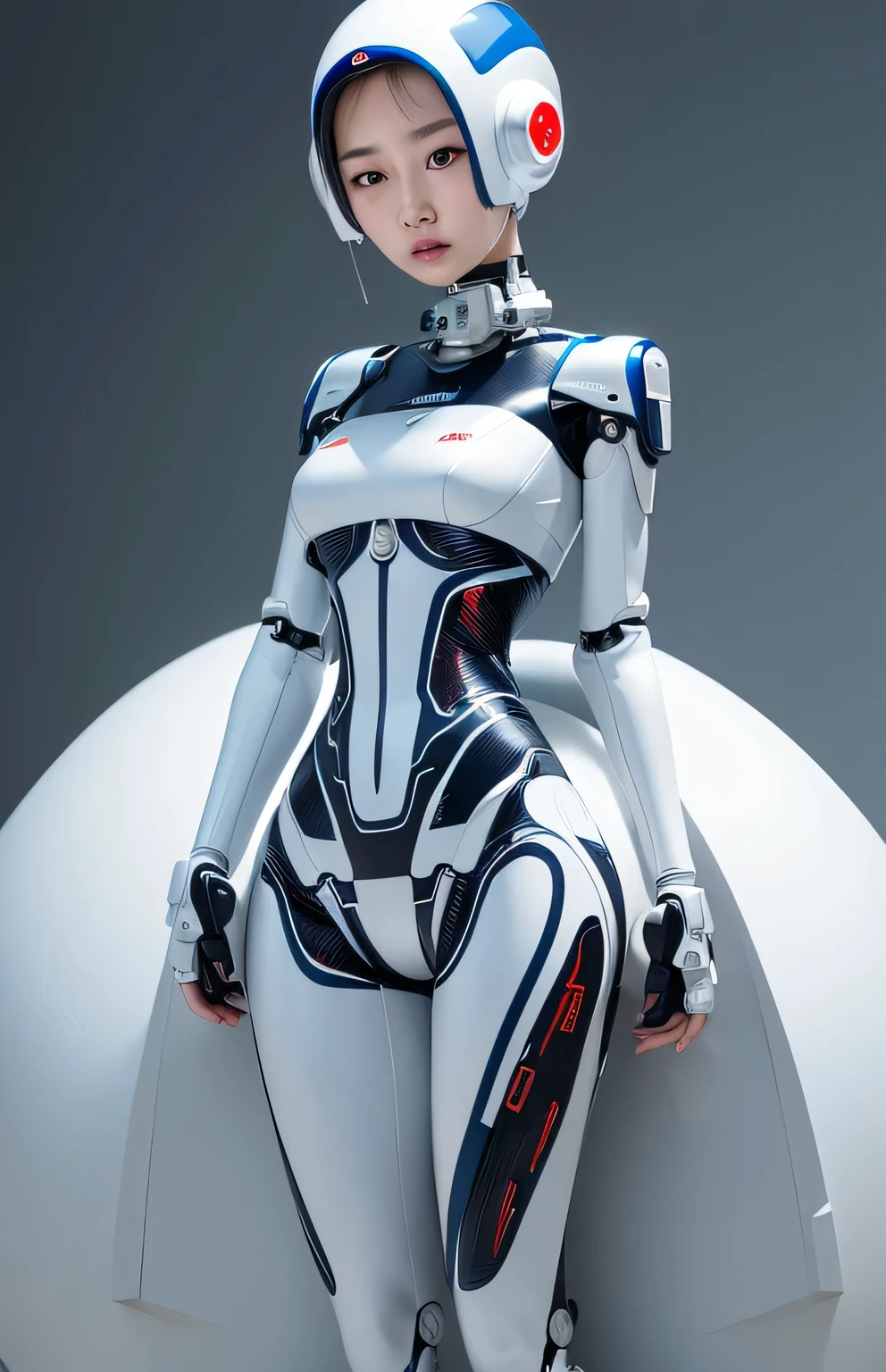 ((best quality)), ((masterpiece)), (aesthetics:1.4) The robot woman is a Japanese woman in her 20s.、Silver metal robot body、Fascinating robot body、There is a dividing line on the face, Make it look like a robot.、Separation of mouth and chin、Like the same posture、Similar behavior、Expressive maturity、Inside the Electronic Brain Exposed、Internal parts exposed、Composition that shows the whole body
