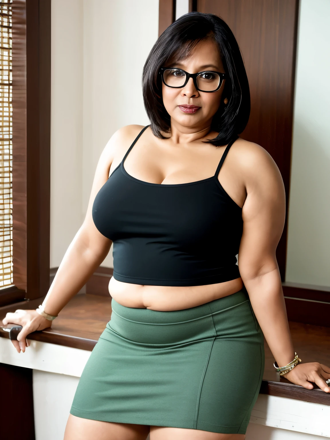 milf 51 years old east indian lady, chubby fit, woman in a mini skirt, string top, sleaveless, wearing glasses posing in a hot look , maggie green
