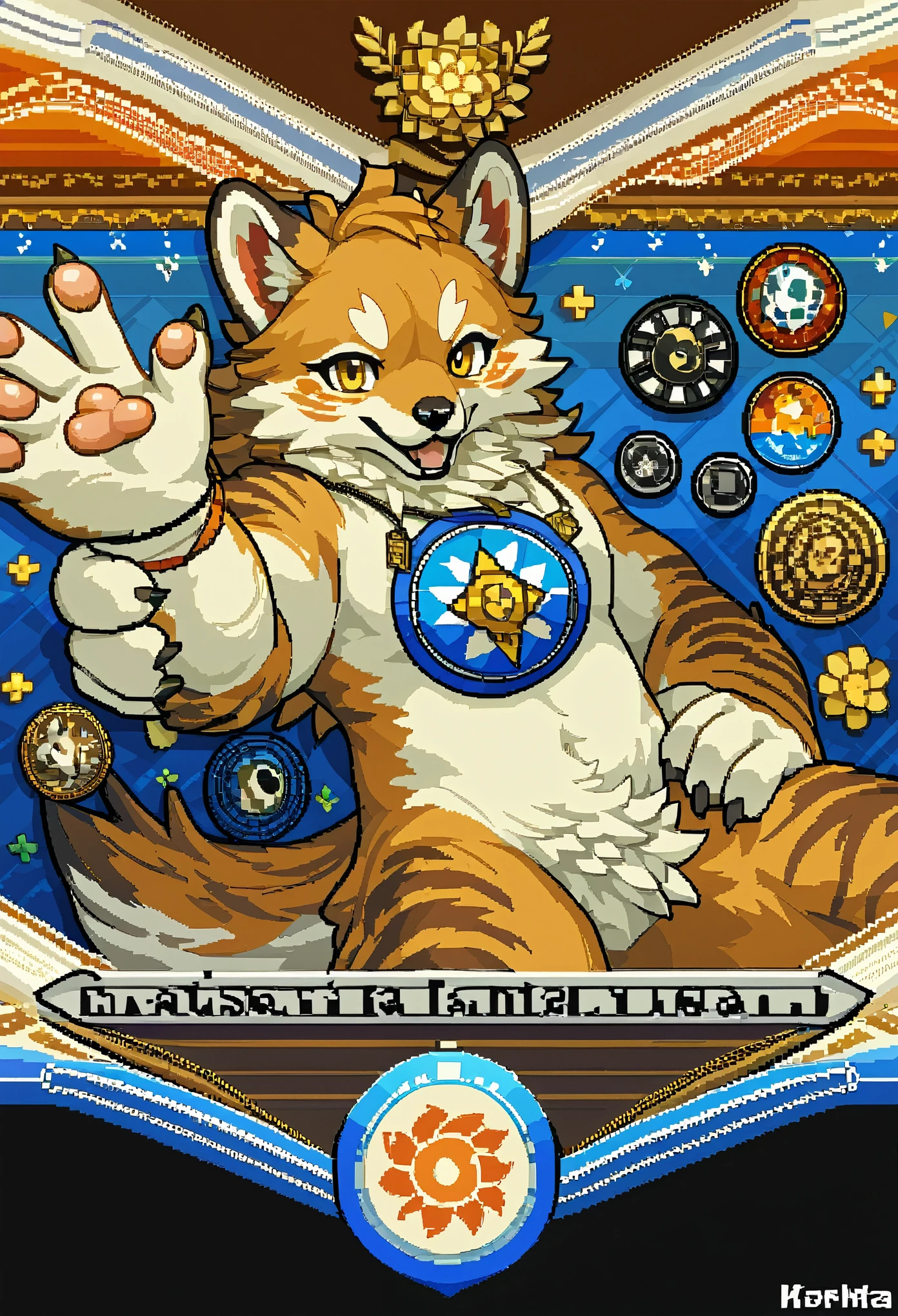 top quality, best quality, logo mark, stamp, Geometric pattern, vector-art, High-quality illustrations by Alfons Mucha, masterpiece(kemono, furry anthro)flower, pixel art,
