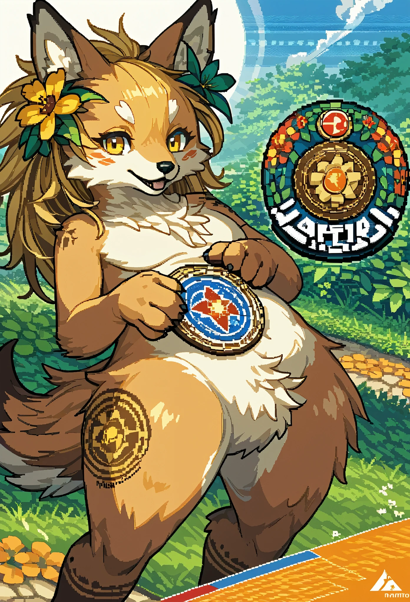 top quality, best quality, logo mark, stamp, Geometric pattern, vector-art, High-quality illustrations by Alfons Mucha, masterpiece(kemono, furry anthro)flower, pixel art,