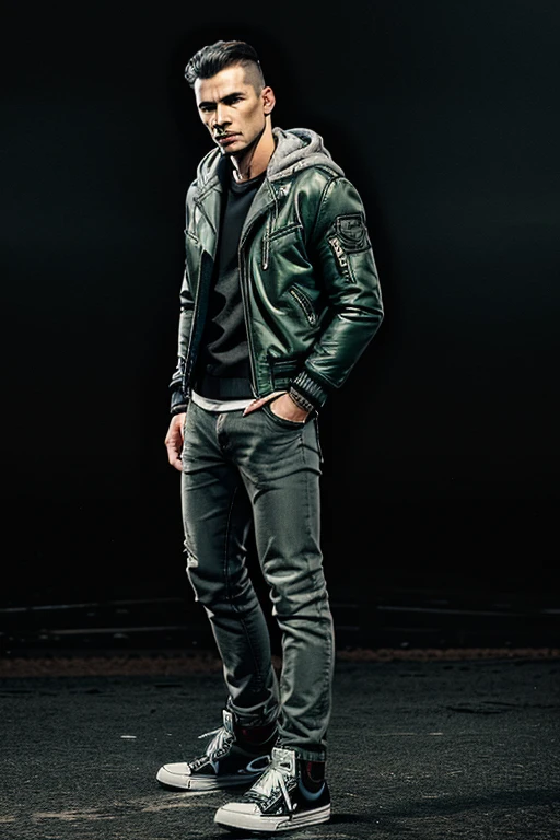Man in Men's 2-in-1 Casual PU Leather Jacket Chic Bomber Jacket & Jacket, Mens Winter Jackets, Men's Leather Jacket green Dark leather jacket Grey Hooded Grey Hood on top and darkened face cap and jeans and converse sneakers Heroic Presence Serious and strong pose Standing open jacket, Converse Sneakers