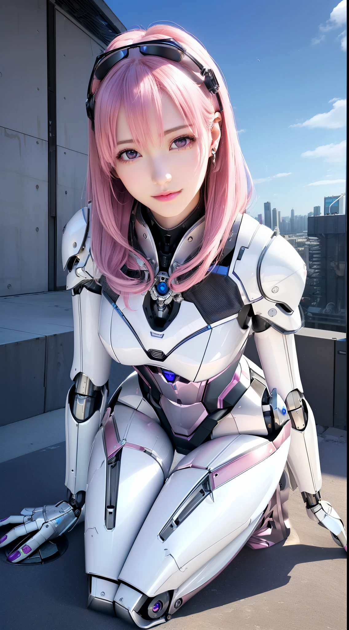 ((masutepiece)), ((top-quality), high quarity、ultra-definition, (Realistic), ((well proportioned face))、fulcolor 、(Science fiction)、(solo)、Beautiful robot woman、Combat Robots、(Perfect robot joint)、(Detailed electronic board)、(Machine frame)、White porcelain mechanical armor、(Oval curvaceous face)、(almond shape eyes)、thin mouth、deadpan、((Perfect mechanical two-handed))、(Outside the city)、Perfect robot legs、Pink hair、robot maintenance、kneeling