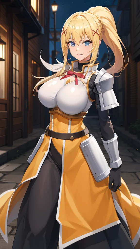 best quality, highres, 1 girl, long hair, blonde hair, x hair ornament, armor, blue eyes, ponytail, hair ornament, gloves, shoulder armor, braid, black gloves, pauldrons, white boots, darkness \(konosuba\), ((large breasts)), ((huge breasts)), cowboy shot, dark and  city alley , smile,