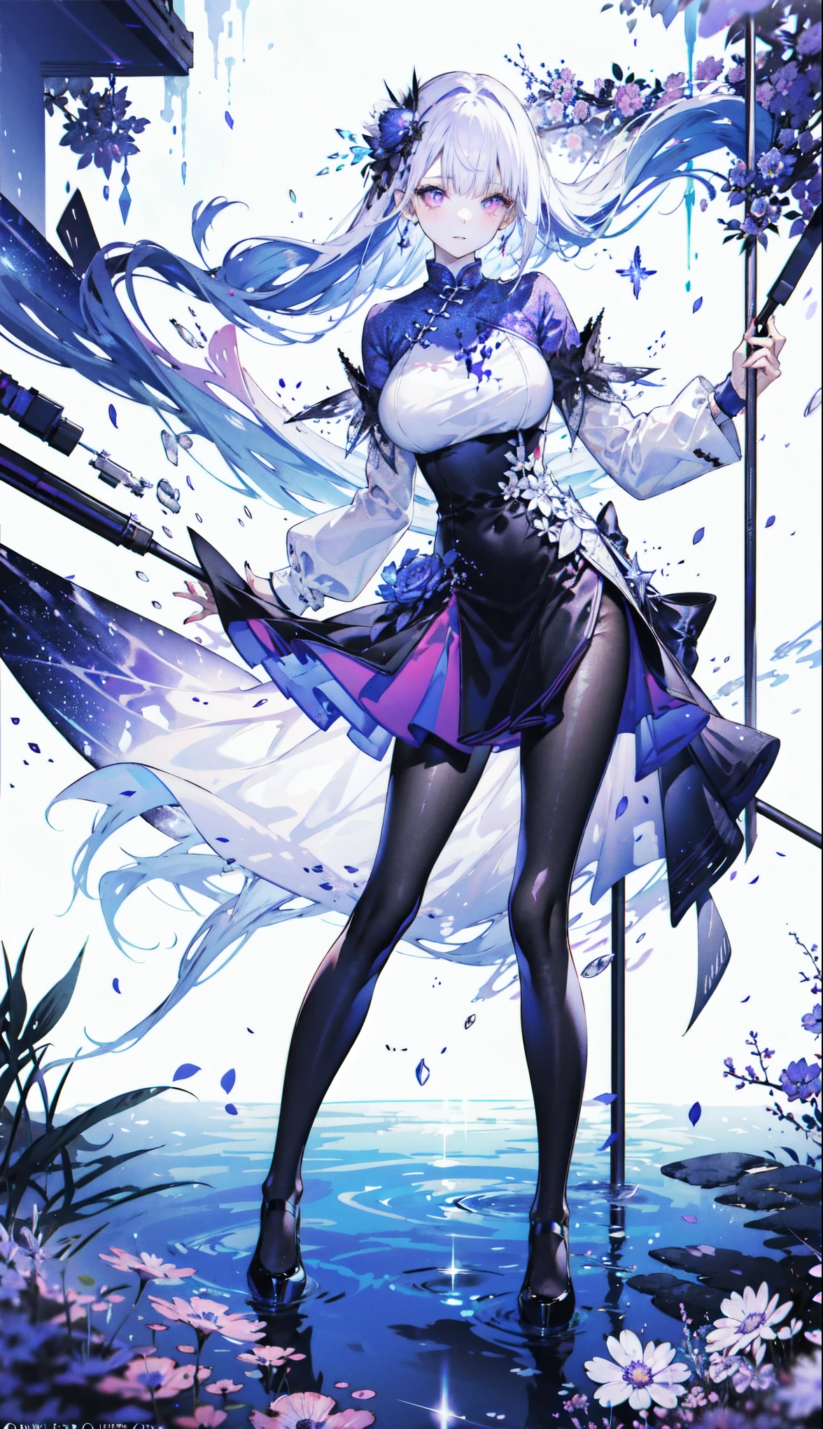 ((masterpiece:1.4,best quality)),(Super detailed),(Extremely detailed eyes),(black leggings,Shiny socks:1.5),Hello Darkness
(Cute girls),15 years old,(Blood-red pupils,Diamond-shaped pupil:1.15),Purple Eyeshadow,(elongated hair,Thick hair,Single ponytail,shiny hair:1.5)(Changes through:1.2),despair,sad,Empty eyes,tears streaming down my face,tilting its head to the side,
(She wore a blue dress,:1.5),(Black gloves:1.4)Very long plush sleeves,White,White Cloud,Dream bubbles ,Ice and glitter effects
(Black long skirt:1.1),
((Starry Sky:1.2)),
(Intense black and white:1.16),(Depth of Field:1.4),,Intricate details,(((Detailed background,Castle in the Sky,Purple flowers by the lake))),(((Huge breasts,Bare breasts,Deep cleavage,White stiletto high heels)))