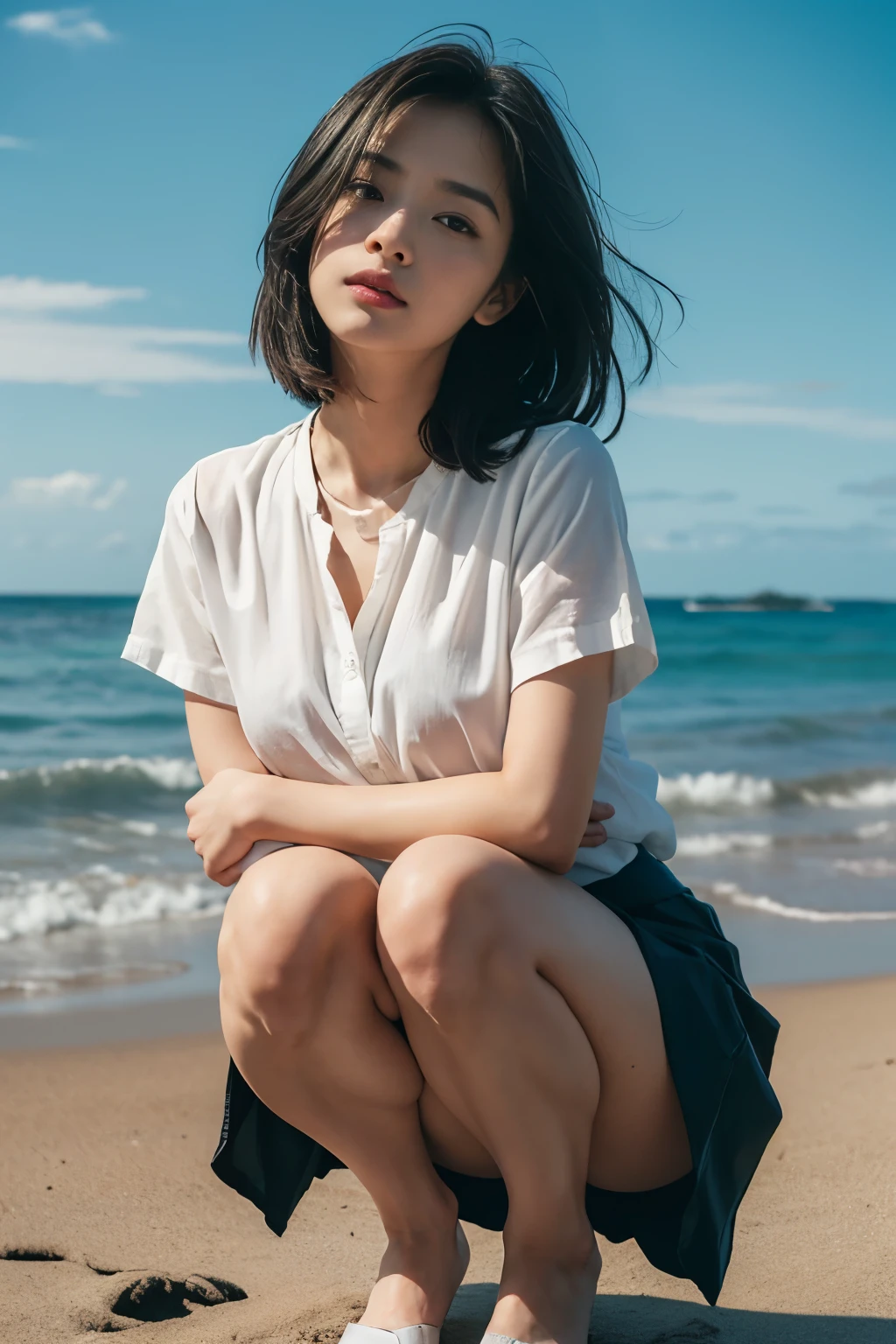 8k, Raw photo, highest quality, masterpiece:1.2), masterpiece, highest quality, figure, Very detailed, Fine details, High resolution, 8k,wallpaper, Perfect dynamic composition,(Detailed high quality, Realistic depiction of eyes:1.3)、A woman who has been and has her hands tied、Arms wrapped around his back、Squatting with legs apart on the beach of Saipan、Knees open、White panties are visible、Facing forward、21talent、Beauty、Well-formed face、Make your eyes even、Beautiful black hair、Has bangedium build、Well-balanced proportions、Beautiful legs、Short sleeve blouse、Long skirt、Sad face、Beautiful scenery、