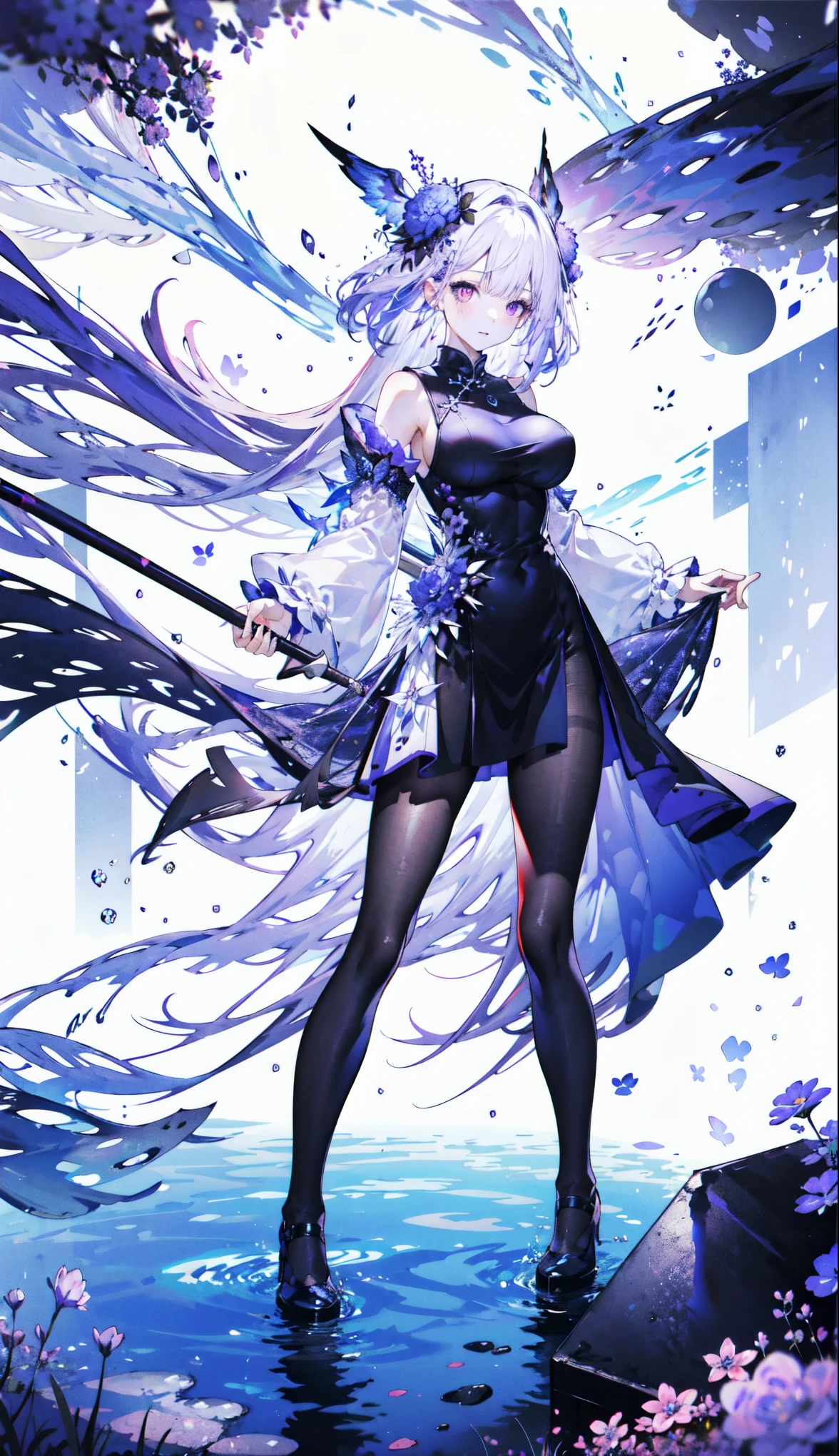 ((masterpiece:1.4,best quality)),(Super detailed),(Extremely detailed eyes),(Black leggings,Shiny socks:1.5),Hello Darkness
((Sexy Girl,Large Breasts)),(Blood-red pupils,Diamond-shaped pupil:1.15),Purple Eyeshadow,(Elongated hair,Thick hair,shiny hair:1.5)(Variza:1.2),Fair skin,tilt head to one side,Kneel down
(She wears blue armor,Tight cheongsam,:1.5),Very long plush sleeves,White,White Cloud,Dream bubbles ,Ice and glitter effects
(Black long skirt:1.1),
(dawn:1.2),
(Intense black and white:1.16),(Depth of Field:1.4),,Intricate details,(Sky Castle,Standing on the lake,Purple flowers by the lake)