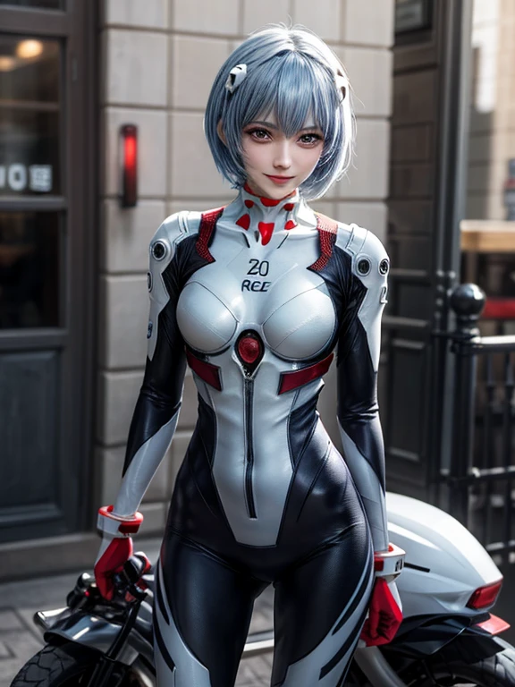 Masterpiece, highest quality, 8K, detailed skin texture, fine cloth texture, beautiful detailed face, intricate details, super detailed, portrait of Rei Ayanami, blue hair, red eyes, looking far away, no background, Evangelion Wearing a plug suit when riding, plug suit, whole body visible, standing, arms crossed, ************, beautiful, cute, great style, smiling,composition that shows the whole body,