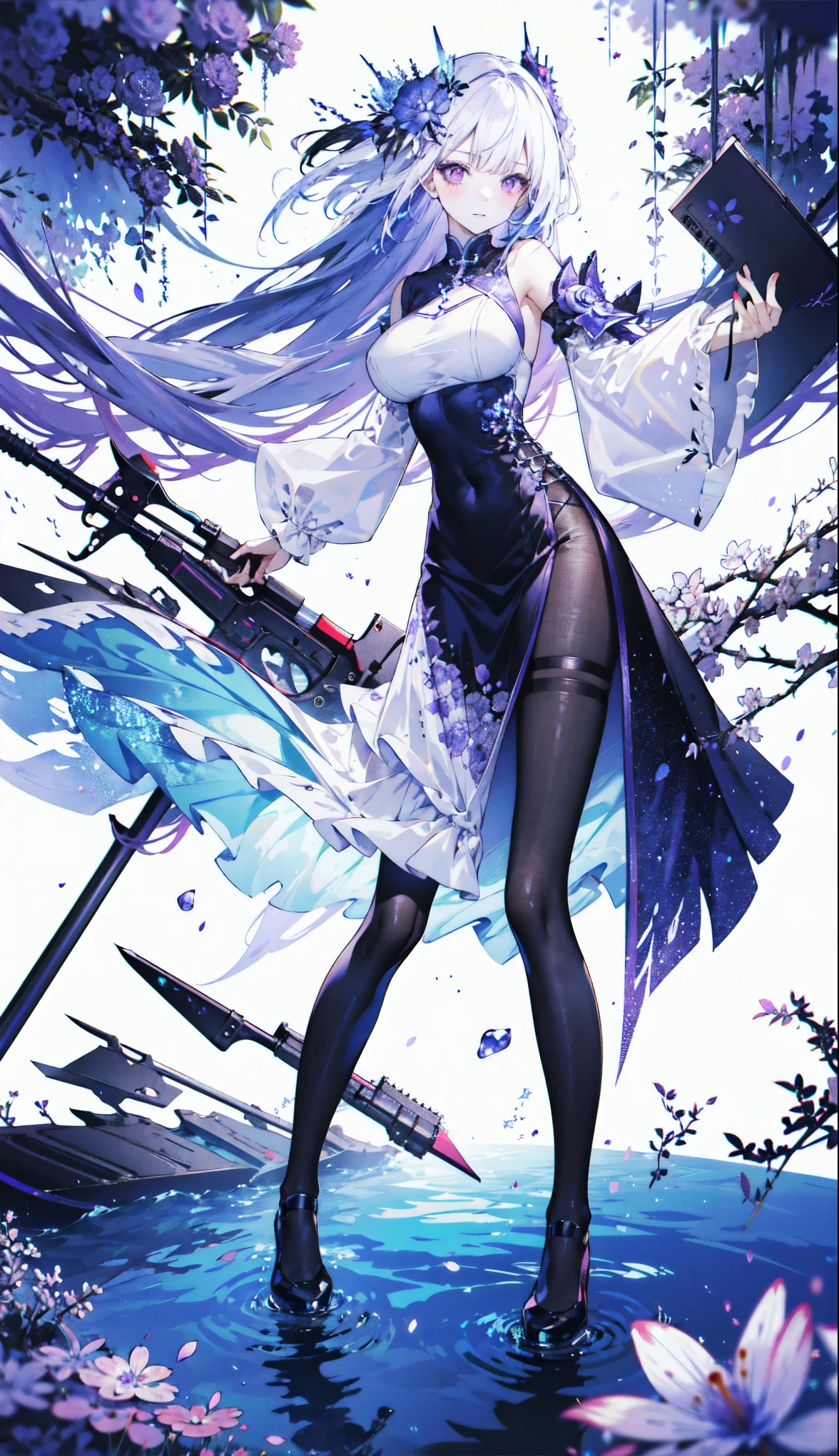 （（masterpiece：1.4，best quality）），（Super detailed），（Extremely detailed eyes），（Black leggings，Shiny socks：1.5），Hello Darkness
((Sexy Girl，Large Breasts))，（Blood-red pupils，Diamond-shaped pupil：1.15），Purple Eyeshadow，（Elongated hair，Thick hair，shiny hair：1.5）（Variza：1.2），Fair skin，tilt head to one side，Kneel down
（She wears blue armor，Tight cheongsam，：1.5），Very long plush sleeves，White，White Cloud，Dream bubbles ，Ice and glitter effects
（Black long skirt：1.1），
（dawn：1.2），
（Intense black and white：1.16），（Depth of Field：1.4），，Intricate details，(Sky Castle，Standing on the lake，Purple flowers by the lake)