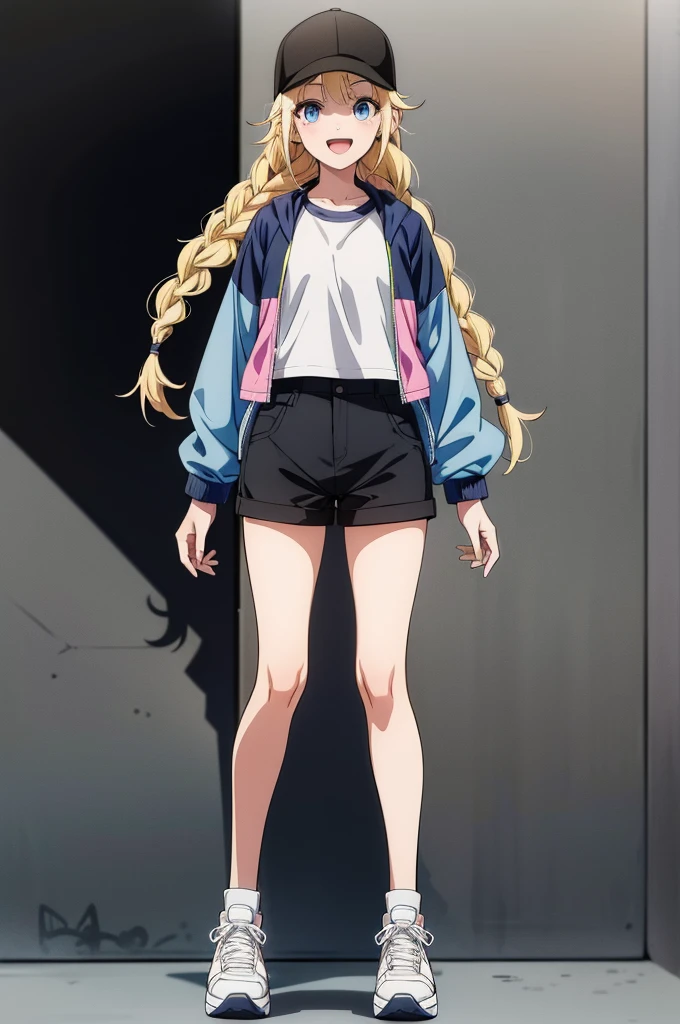 (((grayscale)))(masterpiece:1.2, best quality), (graffiti wall:1.15), super fine illustration,vibrant colors, masterpiece, sharp focus, best quality, depth of field, cinematic lighting,ultra detaile,a animated character in a colorful jacket and caprese shorts smiling, 1girl, solo, blonde hair, shorts, hat, blue eyes, black shorts, baseball cap, full body, braid, white background, jacket, twin braids, shoes, simple background, black headwear, smile, white shirt, open mouth, sneakers, multicolored clothes, shirt, looking at viewer, long hair, multicolored jacket,Eiko Tsukimi, blue eyes, braid, twin braid,(((blonde hair))),baseball cap,