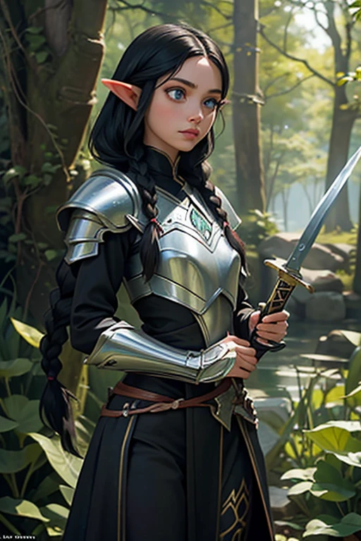 1 elf female,long silky black hair in braids,orelhas pontudas,olhos azuis, thin lips,rosto redondo,seios enormes, quadris largos,wearing light elven battle armor and always with a thin-bladed sword in his hands.estilo coquete e melindrosa 