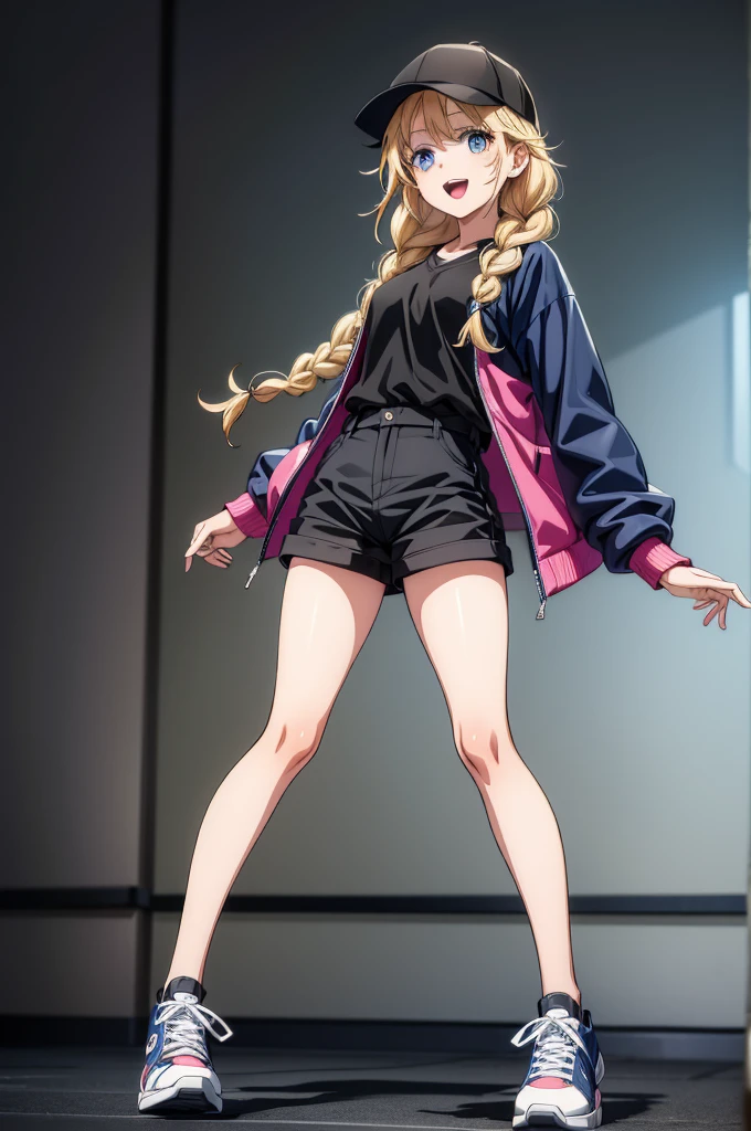 a pretty girl wearing an outfit that makes her look a little different, 1girl, solo, blue eyes, hat, blonde hair, braid, jacket, shorts, twin braids, shirt, open mouth, black shorts, shoes, baseball cap, long hair, looking at viewer, full body, smile, black shirt, black headwear, sneakers
