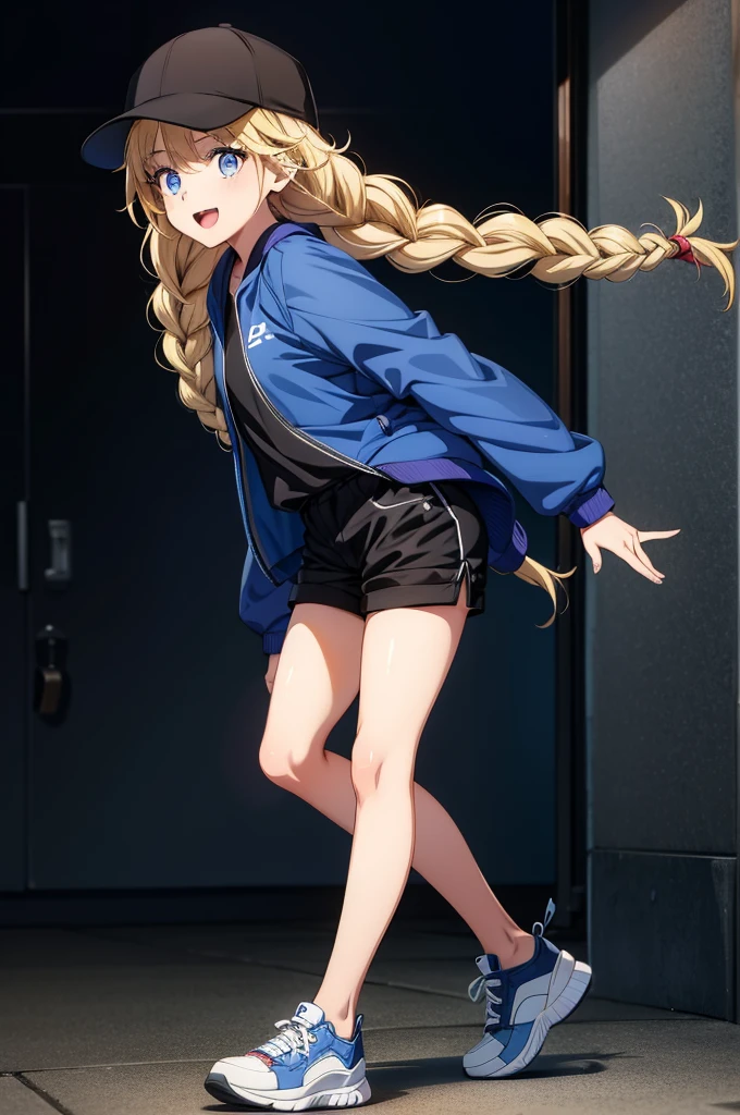 a pretty girl wearing an outfit that makes her look a little different, 1girl, solo, blue eyes, hat, blonde hair, braid, jacket, shorts, twin braids, shirt, open mouth, black shorts, shoes, baseball cap, long hair, looking at viewer, full body, smile, black shirt, black headwear, sneakers