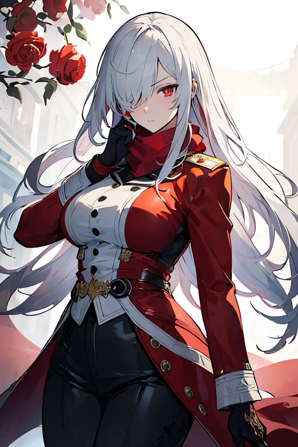 (best quality:1.3), (masterpiece:1.3), (illustration:1.3), (ultra-detailed:1.3), (mid shot:0.9), 1girl, white hair, large breasts, heterochromia, red eyes, long hair, ((hair over one eye)), red scarf, nice hands, perfect hands, red flowers, serious expression, red coat, elegant, military, black long pants, alpha, from front, Japanese, 