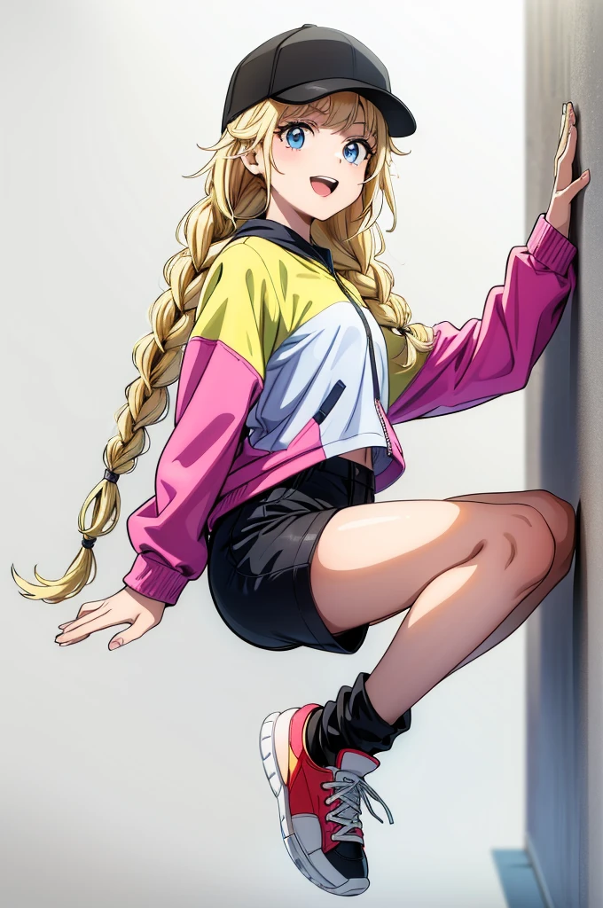 (((grayscale)))(masterpiece:1.2, best quality), (graffiti wall:1.15), super fine illustration,vibrant colors, masterpiece, sharp focus, best quality, depth of field, cinematic lighting,ultra detaile,a animated character in a colorful jacket and caprese shorts smiling, 1girl, solo, blonde hair, shorts, hat, blue eyes, black shorts, baseball cap, full body, braid, white background, jacket, twin braids, shoes, simple background, black headwear, smile, white shirt, open mouth, sneakers, multicolored clothes, shirt, looking at viewer, long hair, multicolored jacket,Eiko Tsukimi, blue eyes, braid, twin braid,(((blonde hair))),baseball cap,