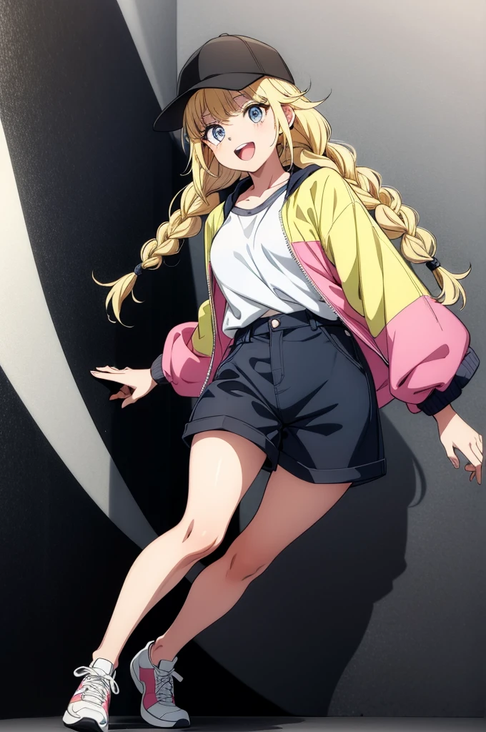 (((grayscale)))(masterpiece:1.2, best quality), (graffiti wall:1.15), super fine illustration,vibrant colors, masterpiece, sharp focus, best quality, depth of field, cinematic lighting,ultra detaile,a animated character in a colorful jacket and caprese shorts smiling, 1girl, solo, blonde hair, shorts, hat, blue eyes, black shorts, baseball cap, full body, braid, white background, jacket, twin braids, shoes, simple background, black headwear, smile, white shirt, open mouth, sneakers, multicolored clothes, shirt, looking at viewer, long hair, multicolored jacket,Eiko Tsukimi, blue eyes, braid, twin braid,(((blonde hair))),baseball cap,
