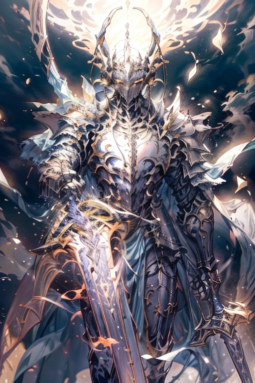 (masterpiece, best quality), 1boy, (anime), (adult), (male), divine sword, knight armor, knight helmet, glowing cape, intricate details, cinematic lighting, dramatic shadows, hyper-realistic, vivid colors, breathtaking scenery, fantasy landscape, epic proportions, grandiose composition