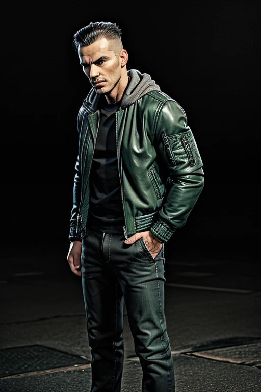 Man in Men's 2-in-1 Casual PU Leather Jacket Chic Bomber Jacket & Jacket, Mens Winter Jackets, Men's Leather Jacket green Dark leather jacket Grey Hooded Grey Hood  on top and darkened face cap and jeans and converse sneakers Heroic Presence Serious and strong pose Standing  open jacket, Converse Sneakers  strong Rolled-up sleeves 