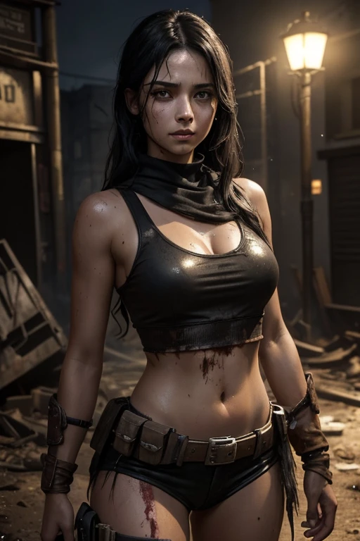 (Masterpiece, best quality, ultra-detailed:1.3), (nice hands, perfect hands), official art, cinematic light, (1girl:1.3), adult, The digital painting depicts a beautiful 21-year-old female character from a post-apocalyptic world. She is an attractive raider girl standing defiantly in the middle of a dark night on a sinister, ruined street city. The girl is dressed in a cool outfit, with her tank top and combat uniform covered in dirt and stains from fire and blood. A slight smudge of dirt traces her flawless complexion, and her wavy black hair partially hides her realistic, dirty, and bloodstained face. Her brown eyes are realistic and beautiful, with a defiant and seductive gaze. Her skin is wet, oily, and shiny, adding to her overall allure. Her breasts are firm and covered in dirt and blood, creating a striking and detailed image
