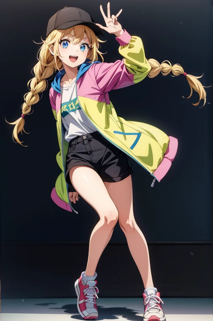 an anime character wearing shorts, hat and long jacket posing against white background, 1girl, multicolored clothes, solo, multicolored jacket, blonde hair, blue eyes, shorts, hat, long hair, baseball cap, braid, smile, shoes, twin braids, black shorts, open mouth, sneakers, shadow, looking at viewer, full body, black headwear, jacket