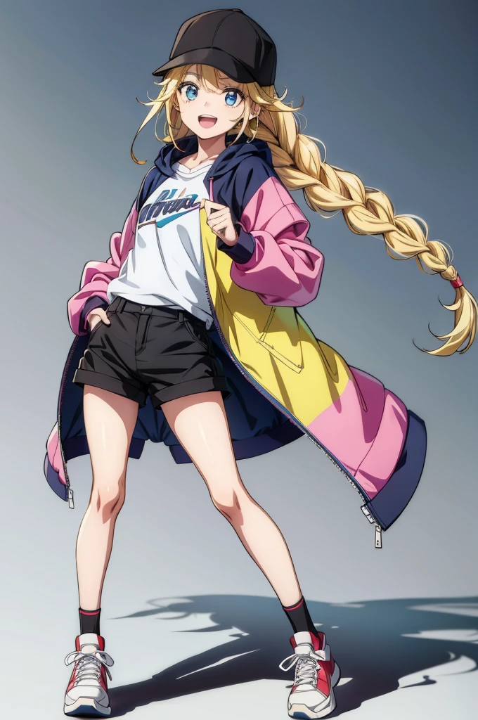 an anime character wearing shorts, hat and long jacket posing against white background, 1girl, multicolored clothes, solo, multicolored jacket, blonde hair, blue eyes, shorts, hat, long hair, baseball cap, braid, smile, shoes, twin braids, black shorts, open mouth, sneakers, shadow, looking at viewer, full body, black headwear, jacket