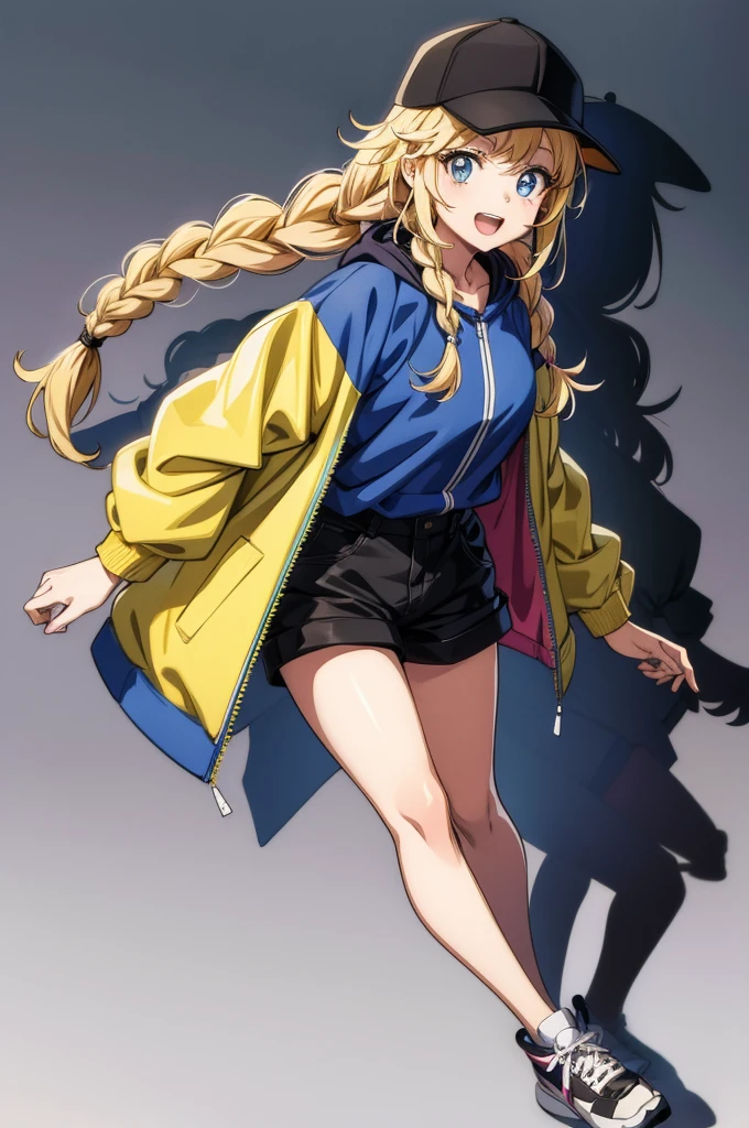 an anime character wearing shorts, hat and long jacket posing against white background, 1girl, multicolored clothes, solo, multicolored jacket, blonde hair, blue eyes, shorts, hat, long hair, baseball cap, braid, smile, shoes, twin braids, black shorts, open mouth, sneakers, shadow, looking at viewer, full body, black headwear, jacket