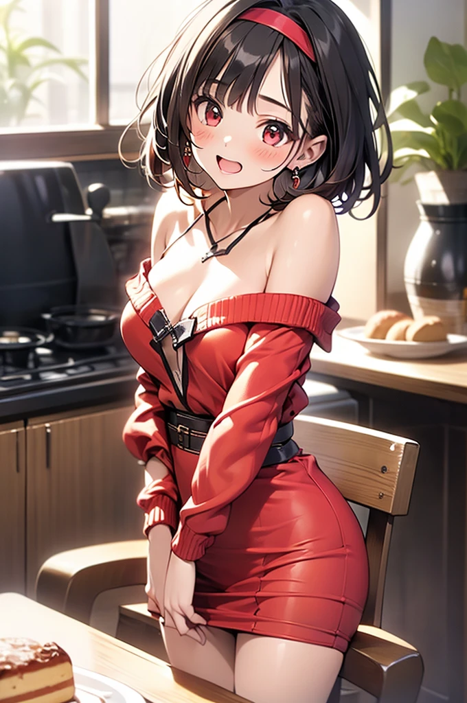 masterpiece, 1girl, Amazing Cleavage:1.3, thin waist, big ass, Raised sexy, medium breast:1.3,posed cleavage:1.2,solo, looking at viewer, open mouth, have a cup of coffee,black hair, red eyes, dress, bare shoulders, jewelry, collarbone, sidelocks, hairband, earrings, indoors, off shoulder, :o, sweater, arms behind back, plant, short hair with long locks, white hairband, off-shoulder dress, sweater dress, off-shoulder sweater, red sweater, big side hair, very long side hair,is rendered in (masterpiece: 1.2, best quality), with (ultra high resolution) and an exquisite (depth of field). This masterpiece is not only visually stunning but also tells, make of cooking some cakes ,in the kitchen