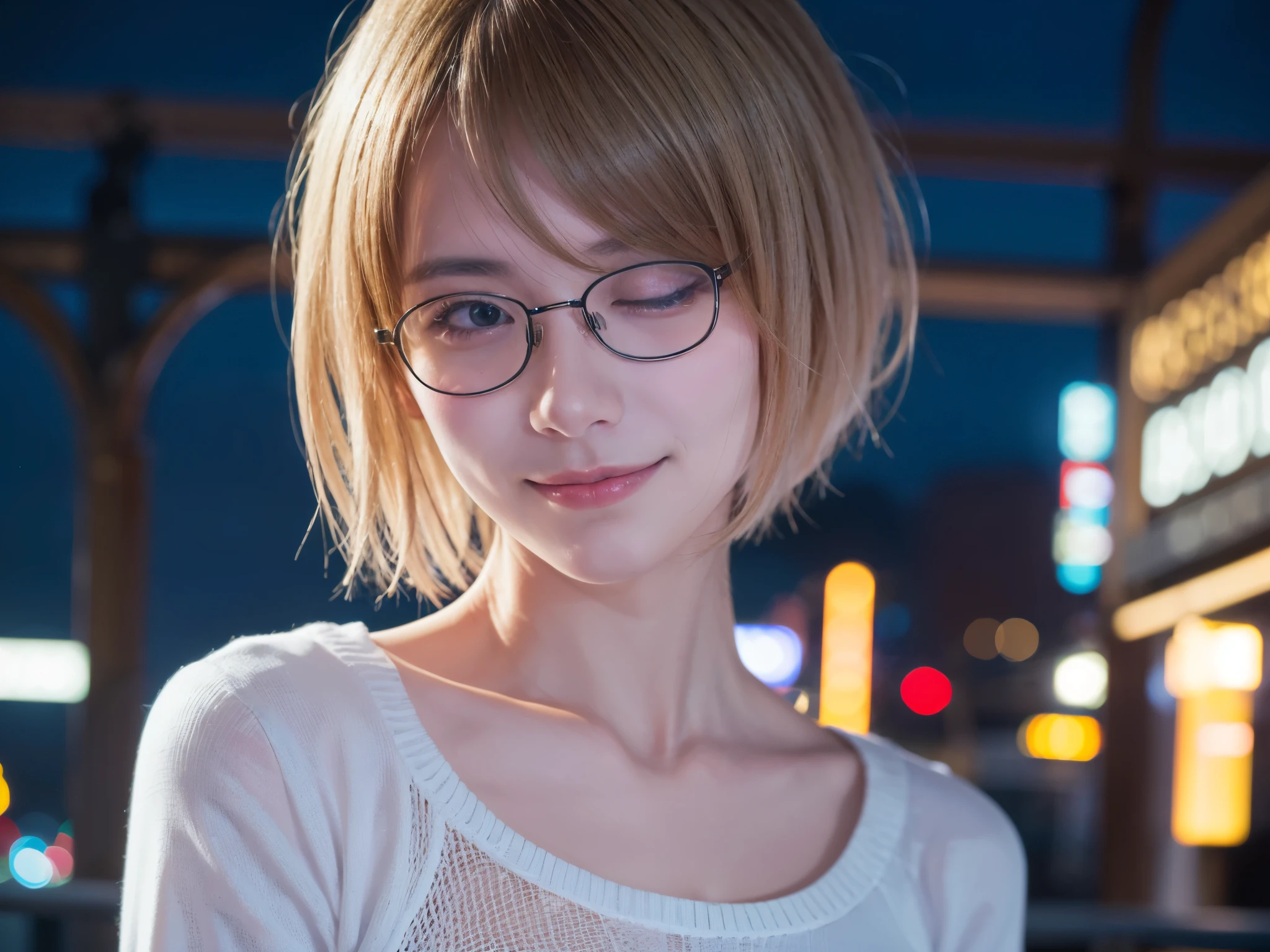 Japanese girl in casual clothes、Observe the audience、Tokyo cityscape at night、(highest quality、masterpiece)))、HD Fine、Very detailed、masterpiece、Cinema Lighting、(8k、highest quality、masterpiece:1.2)、(Realistic、Realistic:1.37) High resolution、Very detailed、Woman wearing glasses、A look of silence、Round Glasses、Asian, cute, cute顔, alone,Blonde Short Hair 1.2, Textured skin, Beautiful smile, Beautifully detailed night sky, Night view, Cinema Lighting, Written boundary depth, Lens flare light、date、(Blushing your nose)、、(Mouth closed)Small breasts、A beautiful eye for detail、(sweater:1.1)、(Blonde Short Hair:1.2)、Floating Hair Nova Frog Style、