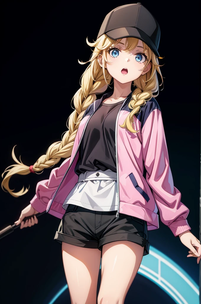 a girl in a hat and jacket with a short skirt and black hair, 1girl, solo, hat, blue eyes, twin braids, braid, blonde hair, shorts, long hair, black shorts, black background, baseball cap, open mouth, jacket, shirt, black headwear, hand on headwear, white shirt, multicolored clothes, shirt tucked in, simple background, multicolored jacket