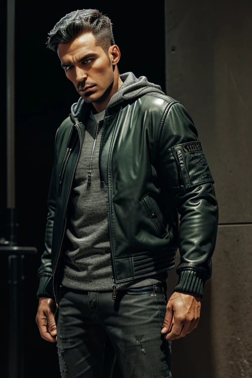 Man in Men's 2-in-1 Casual PU Leather Jacket Chic Bomber Jacket & Jacket, Mens Winter Jackets, Men's Leather Jacket green Dark leather jacket Grey Hooded Grey Hood  on top and darkened face cap and jeans and converse sneakers Heroic Presence Serious and strong pose Standing  open jacket, Converse Sneakers 