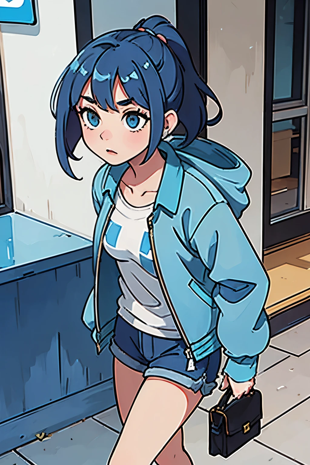 a girl with blue hair in a jacket and shorts walks down the street