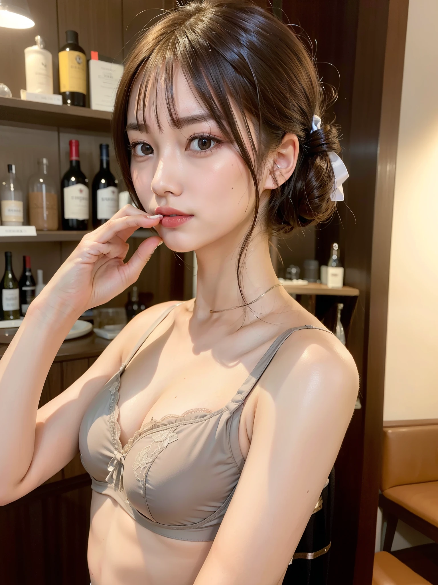 ((Best of the highest quality, 8k, Masterpiece: 1.3, raw photo)), Sharp focus: 1.2, (1 AESPA, slim body type female, 21 y/o: 1.1), (Solo: 1.28), (realistic, photo-realistic:1.37), face focus, cute face, finely eyes, side lighting, using reflectors, (small breasts, flat chest: 1.3), (short messy hair, bangs, updo: 1.28), (bra top: 1.32), (ribbon:1.2), walking cafe, bar, sun light, flower, (hand to own mouth: 1.2)