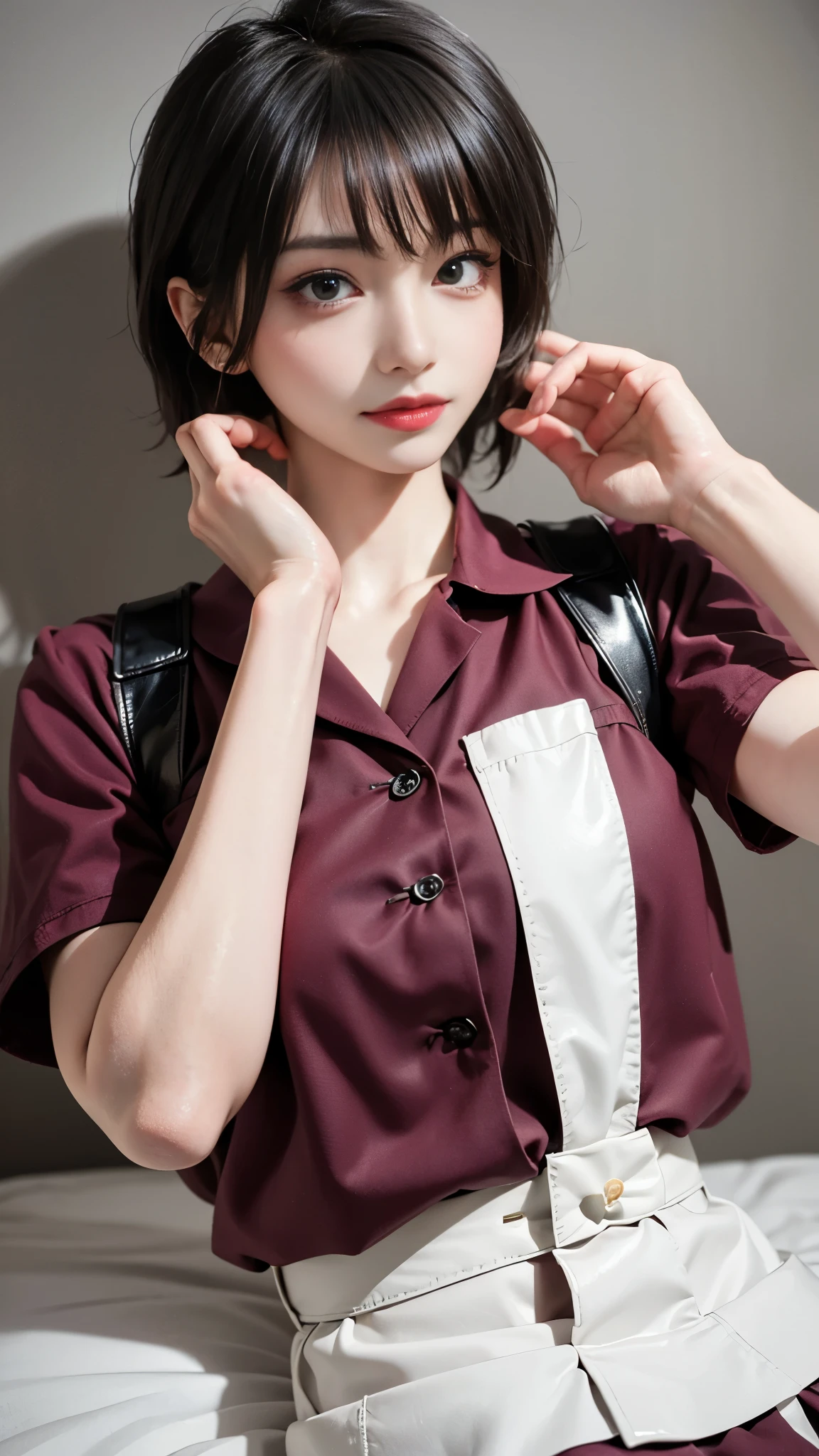 (masterpiece、top-quality、absurderes:1.3)、illustratio、Medium bob、(pov hand)、grabbing on breasts、Cute s、Write、The upper part of the body、shorth hair、Loose red shirt、a bed、Perfect human body