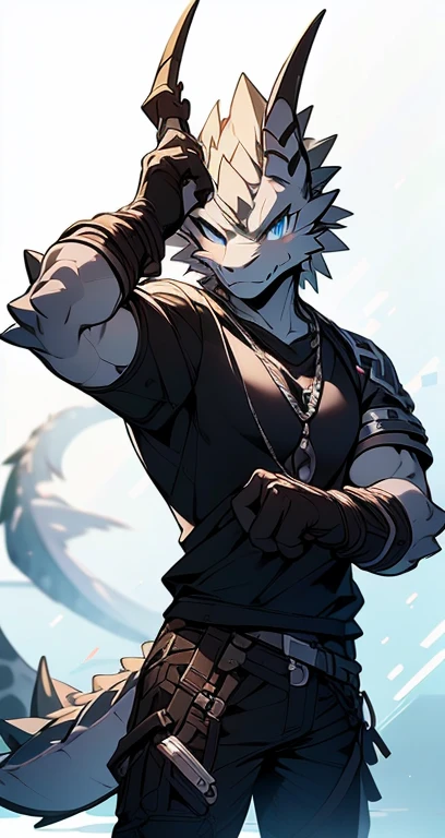 Masterpiece, Cool Pose, Furry Gray Dragon, Medium Strong Body, Blue Eyes, Grey Medium Hair, Combat Black Shirt, Combat Gloves, Combat Pants, Fierce, Good looking