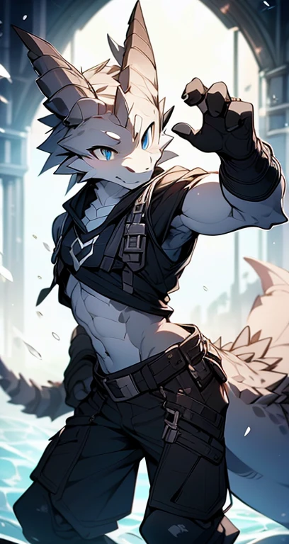 Masterpiece, Cool Pose, Furry Gray Dragon, Medium Strong Body, Blue Eyes, Grey Medium Hair, Combat Black Shirt, Combat Gloves, Combat Pants, Fierce, Good looking