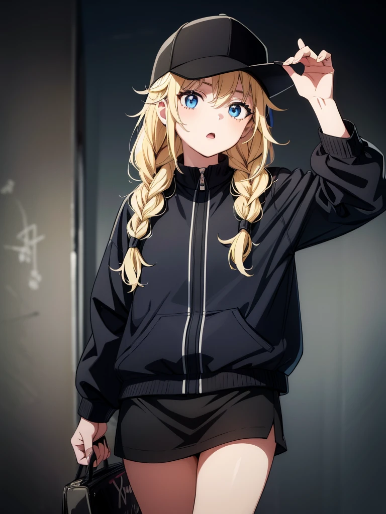 (((grayscale)))(masterpiece:1.2, best quality), (graffiti wall:1.15), super fine illustration,vibrant colors, masterpiece, sharp focus, best quality, depth of field, cinematic lighting,ultra detaile,a girl in a hat and jacket with a short skirt and black hair, 1girl, solo, hat, blue eyes, twin braids, braid, blonde hair, shorts, long hair, black shorts, black background, baseball cap, open mouth, jacket, shirt, black headwear, hand on headwear, white shirt, multicolored clothes, shirt tucked in, simple background, multicolored jacket,Eiko Tsukimi, blue eyes, braid, twin braid, (((blonde hair))), long hair,baseball cap