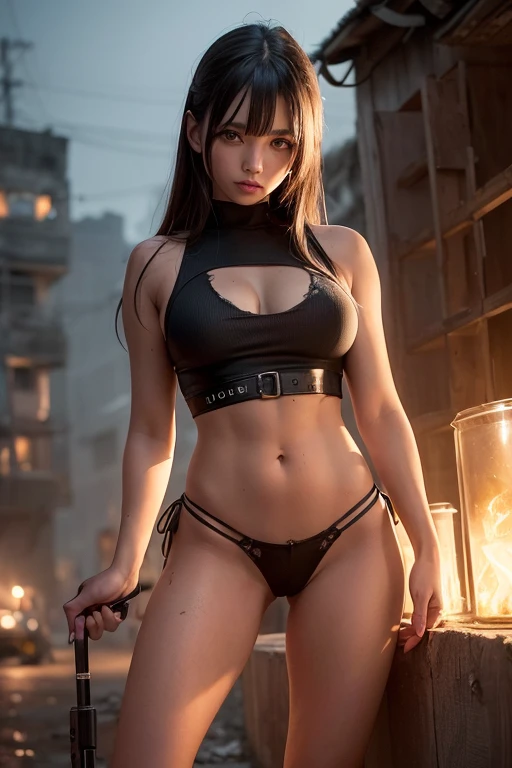 (Masterpiece, best quality, ultra-detailed:1.3), (nice hands, perfect hands), official art, cinematic light, (1girl:1.3), adult, The digital painting depicts a beautiful 21-year-old female character from a post-apocalyptic world. She is an attractive raider girl standing defiantly in the middle of a dark night on a sinister, ruined street city. The girl is dressed in a cool outfit, with her tank top and combat uniform covered in dirt and stains from fire and blood. A slight smudge of dirt traces her flawless complexion, and her wavy black hair partially hides her realistic, dirty, and bloodstained face. Her brown eyes are realistic and beautiful, with a defiant and seductive gaze. Her skin is wet, oily, and shiny, adding to her overall allure. Her breasts are firm and covered in dirt and blood, creating a striking and detailed image
