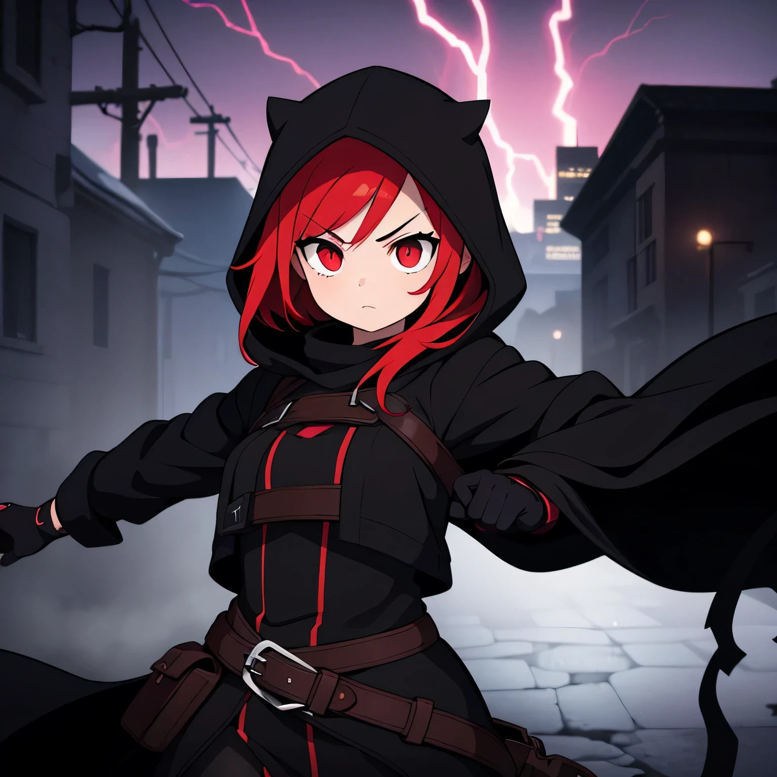 Best quality, realistic, a girl with red hair and detailed eyes and face, lightning bolts around, red glowing eyes, wearing a black dress, with a black overcoat, and a person with a black hood over their head. The scene depicts a huntress inspired by the style of Van Helsing. The background is a dark, mysterious setting with dimly lit streets and fog. The colors are rich and vibrant, with a dark and moody color palette. The lighting is dramatic, casting long shadows and highlighting the girl's determined expression. The overall image should have a cinematic and thrilling atmosphere, capturing the essence of a fierce and skilled huntress in action.