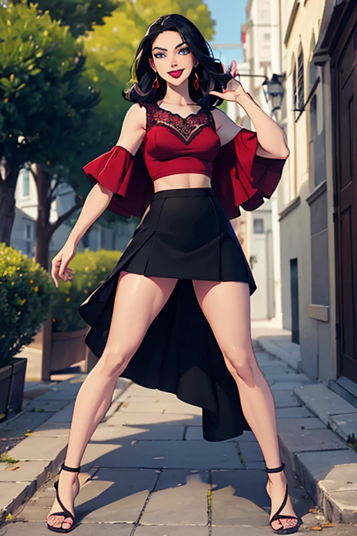 (full body:1.4).  Beautiful 24 yo woman of Irish descent. athletic figure,(pale:1.4)complexion. raven black hair, green eyes, cute butt, nice legs. Kind eyes,(joy:1.3),(smile:1.2). Sunglasses, Red lipstick, sheer lace top, skirt, sandals. Flirty.