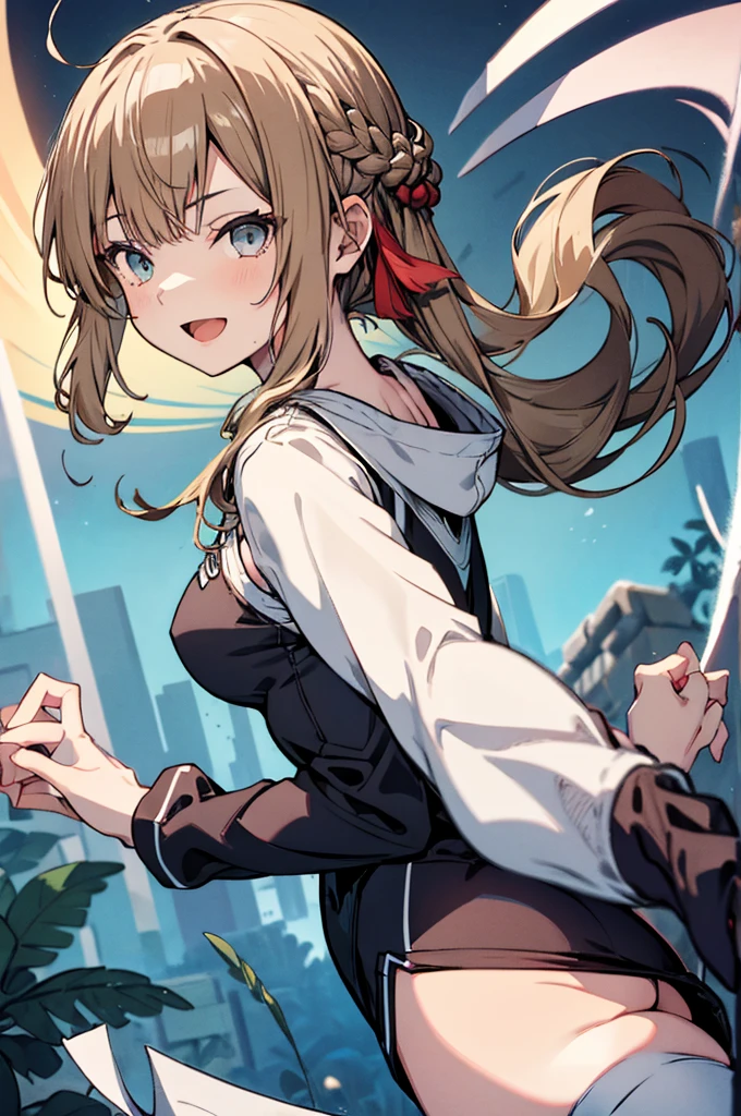 masterpiece, a girl 19 years old, sparrow, a silver blonde haired girl, wearing a brown viking clothes, curly medium hair, messy hair, slim body, wearing furry capelet with hoody, girl close her left eye, shirt ornament, aqua eyes, sho show her back, ahoge, red vest, baby face, small breast, beautiful breasts, rounded breasts, braid hair, long sleeves, beautiful eyes, white stocking, droopy eyes, smile, ancient viking , looking at viewer, open mouth,