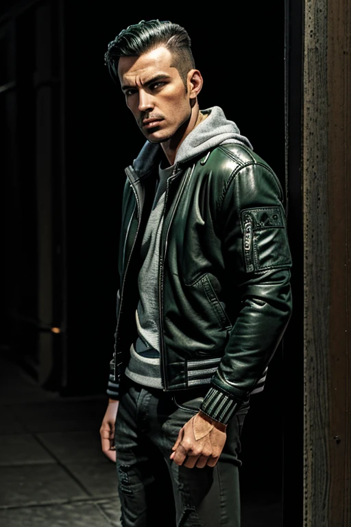 Man in Men's 2-in-1 Casual PU Leather Jacket Chic Bomber Jacket & Jacket, Mens Winter Jackets, Men's Leather Jacket green Dark leather jacket Grey Hooded Grey Hood on top and darkened face cap and jeans and converse sneakers Heroic Presence Serious and strong pose Standing open jacket, Converse Sneakers