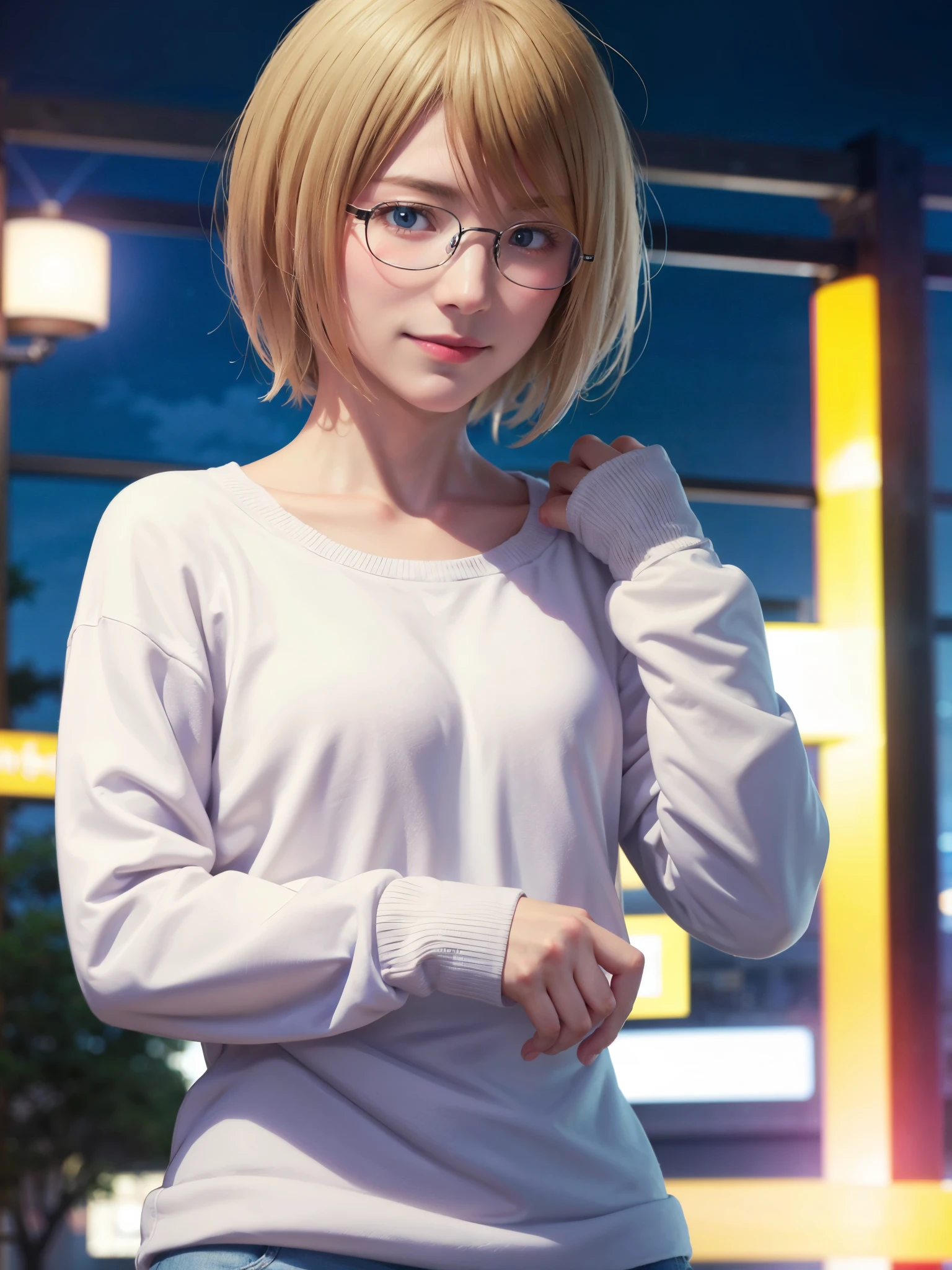 Japanese girl in casual clothes、Observe the audience、Tokyo cityscape at night、(highest quality、masterpiece)))、HD Fine、Very detailed、masterpiece、Cinema Lighting、(8k、highest quality、masterpiece:1.2)、(Realistic、Realistic:1.37) High resolution、Very detailed、Woman wearing glasses、A look of silence、Round Glasses、Asian, cute, cute顔, alone,Blonde Short Hair 1.2, Textured skin, Beautiful smile, Beautifully detailed night sky, Night view, Cinema Lighting, Written boundary depth, Lens flare light、date、(Blushing your nose)、、(Mouth closed)Small breasts、A beautiful eye for detail、(sweater:1.1)、(Blonde Short Hair:1.2)、Floating Hair Nova Frog Style、