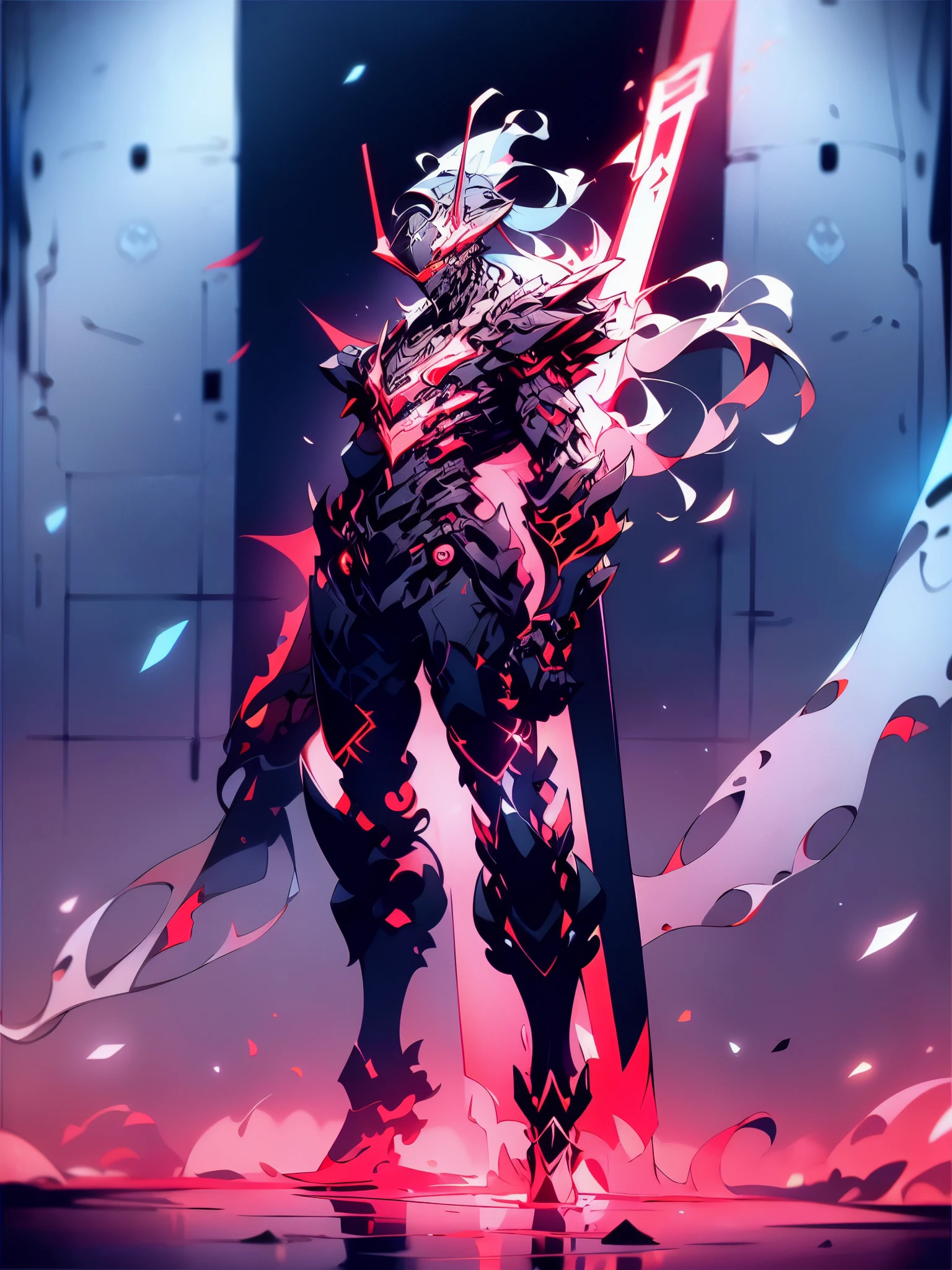 A mech, silver-white long ponytail and waist, V-shaped mechanical helmet, helmet eyes with red light, wearing a black sexy mech suit, white torn cape swaying in the wind, pull out a delicate red glowing sword: 1:1, standing in the flames with huge roaring mechanical heads and robotic arms in the background, lifelike, best picture quality, highest definition and clarity, original, surrealism, high detail, futurism, action painting, chiaroscuro, ray tracing, motion blur, cowboy lens, Battle pose drawing, layering, full body display, cyberpunk style, full body photo