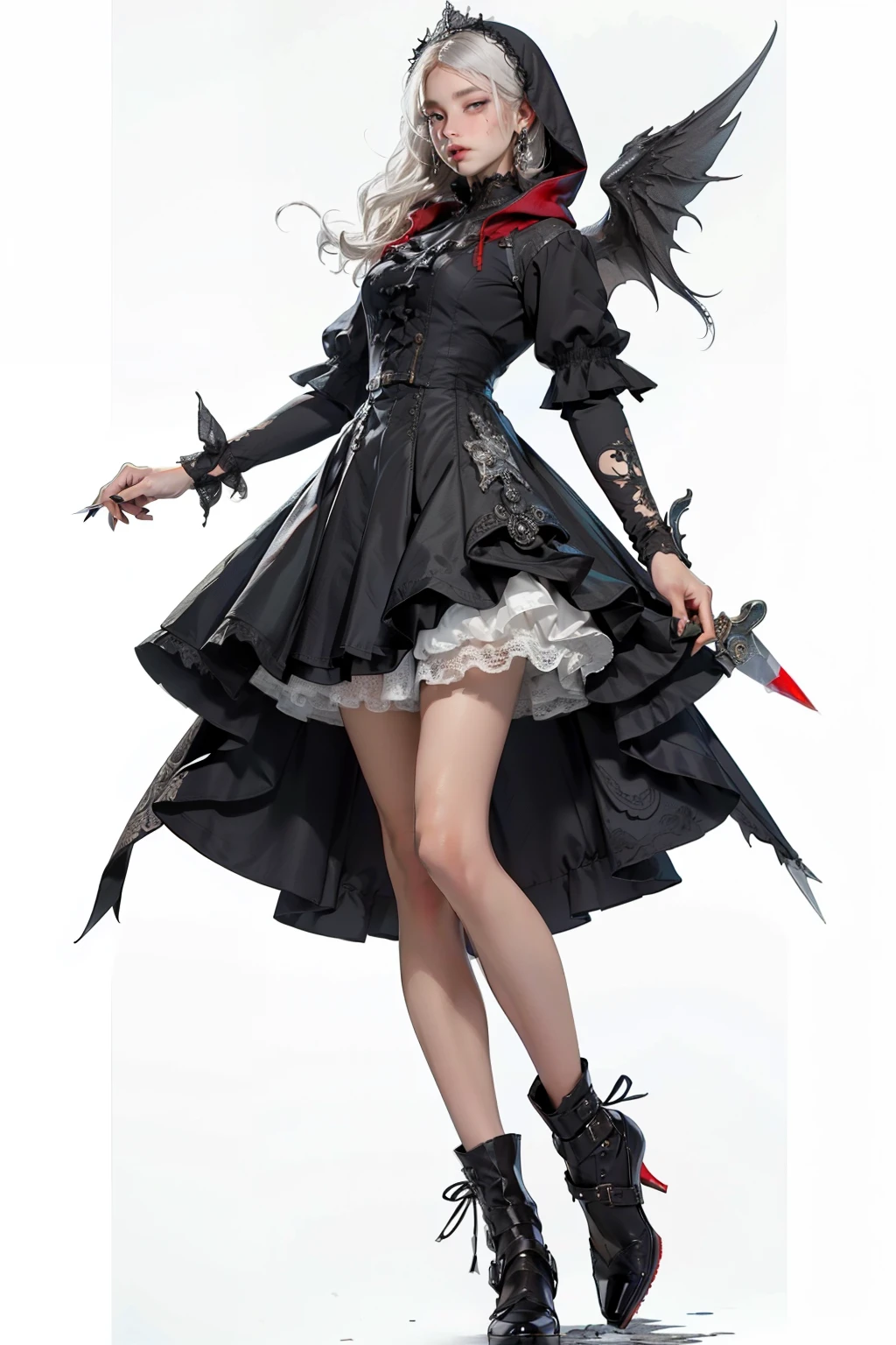 (((masutepiece, of the highest quality, super detailed))), full body, whole body, hand drawn style, hand painted style, watercolour, sketch, a knight, white background, plain background, Bloodborne inspired, tatty Bloodborne attire, occult aesthetic, occult, tatty red and white clothing detailed and intricate steampunk and detailed gothic ta (with a hood), diadems, long coat, Complex laced boots, Fluttering lace flared long knee length dress with frilly petticoats, long dress, knee length dress, pleated petticoats, loliress, petticoats gothic lolita, tiful small breasts, (((( Highly detailed face))), small thin nose, Small thin lips mouth, (((Very sharp focused eyes))), Very large slit precision pale grey eyes that shine like jewels. very long eyelashes, Silver hair swaying in the wind, Emitting a dazzling light in a mandala pattern, white background, Very dramatic and cinematic lighting, tatty damaged old red and white clothing, full body, whole body, body, cosmic horror, grim dark, lolita dressthic, lolita petticoatloodborne attire petticoats, full body, whole body, Bloodborne inspired