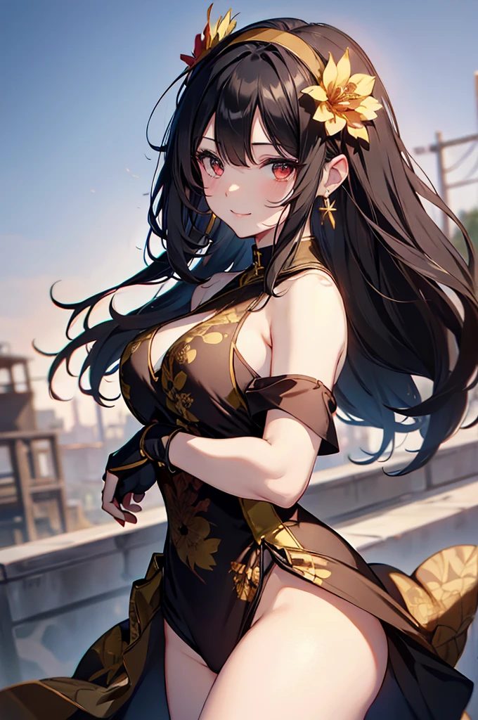 yor briar, anime style beutiful woman, 1girl, happy, smile, red face, closed mouth, beautiful detailed eyes, super detailed skin, backlighting, bare shoulders, black background, black dress, black gloves, black hair, breasts, dress, earrings, fingerless gloves, floating hair, floral print, flower, gloves, gold earrings, gold hairband, hair flower, hair ornament, hairband, holding, holding weapon, jewelry, large breasts, long hair, looking at viewer, off-shoulder dress, off shoulder,red eyes, short hair with long locks, sidelocks, solo, spikes, thighs, two-sided dress, two-sided fabric, weapon, fighting stance , face, close up, from above, highest quality, high resolution.