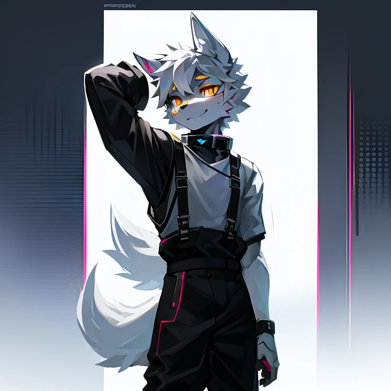 cyber punk perssonage,epcot,Tech style,solo person,White body,White ears,White hair,Overall white,Orange-yellow eyes,Wolf tail,Wolf orcs,Young,Wear a short-sleeved shirt,Ultra-clear screen,Soft lines