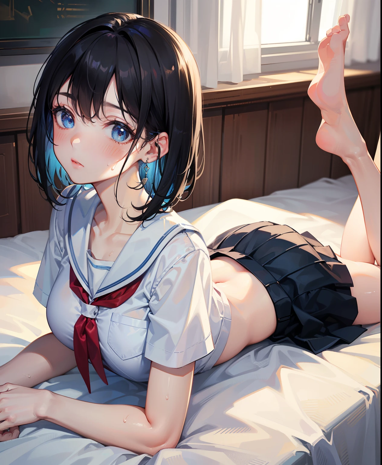 (short black hair),(blue eyes), pretty girl, one girl , full body shot, detailed skin, ultra-detailed, slim body, fine collarbone, soft navel, soft midriff, soft back, angle from behind, sweaty, beautiful breasts, blush, realistic face, realistic eyes, (extremely detailed CG 8k wallpaper), (an extremely delicate and beautiful), (masterpiece), (best quality:1.0), (ultra highres:1.0), beautiful lighting ,perfect lightning, realistic shadows, [highres] , (girl wearing short school uniform:1.4, ) , (laying on stomach in the bed) , (ass appears), (onlyfans model)