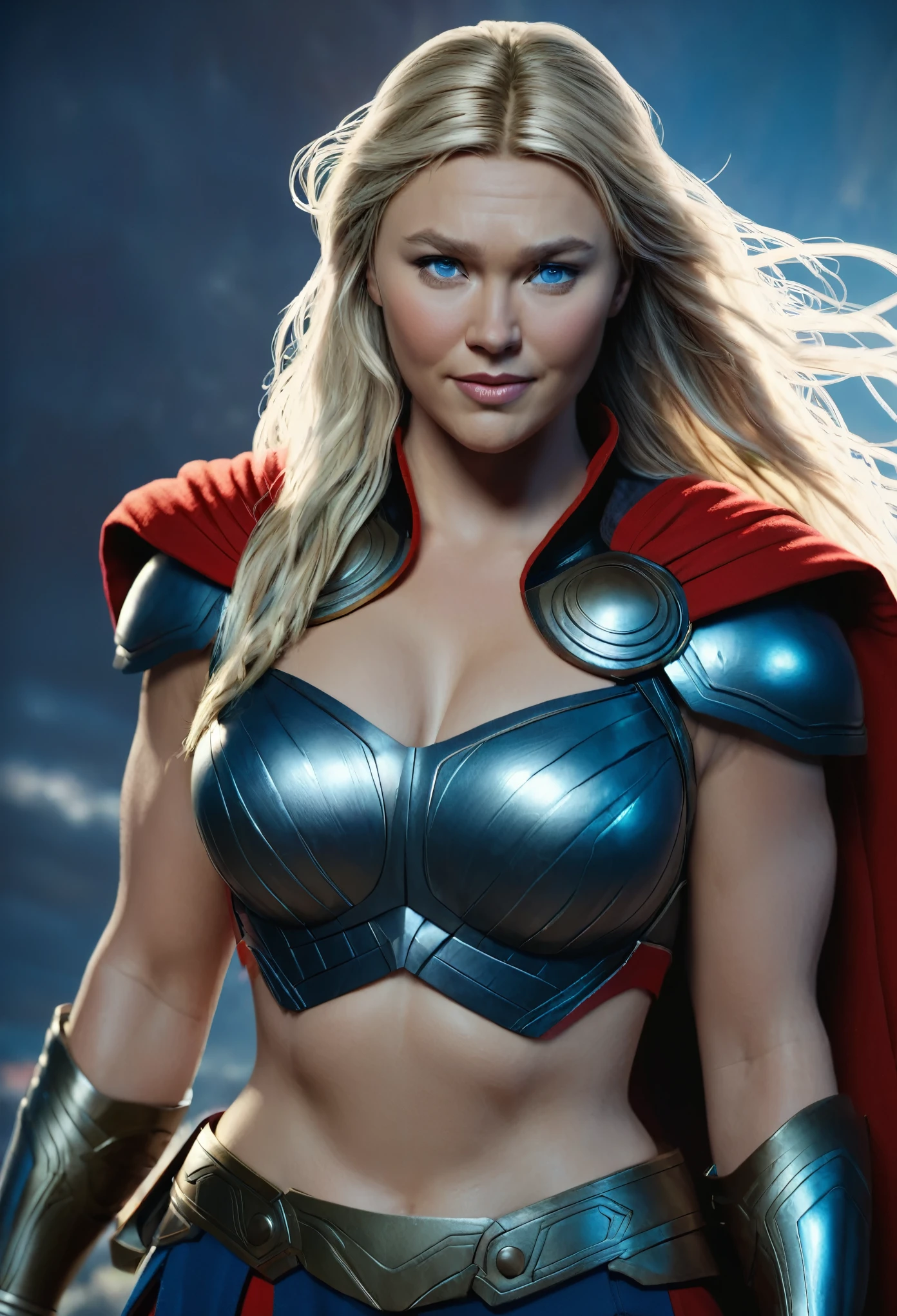 BOMBSHELL VALKYRIE, MATURE WOMAN, 30 YEARS OLD, ATHLETIC BODY, MUSCLES, BLONDE HAIR, GRAY EYES, ROSY CHEEKS, ANGRY FACE EXPRESSION, BLACK PANTIES UNDER ARMOUR, FULL BODY SILVER ARMOUR, SHINING ARMOUR, MITHOLOGY, random hair, looking at camera, gigantic breasts, cleavage, (high detailed skin:1.2), 8k uhd, dslr, super lighting, high quality, film grain, high res, highly detailed, hyper realistic, beautiful face, beautiful body, beautiful eyes nose lips, alluring expression, very bold, upper visible, full body photo, standing legs apart, pale translucent glowing skin, most beautiful face, cute, (well defined pubic hair:1.2)), (dark plain black background:1.4))