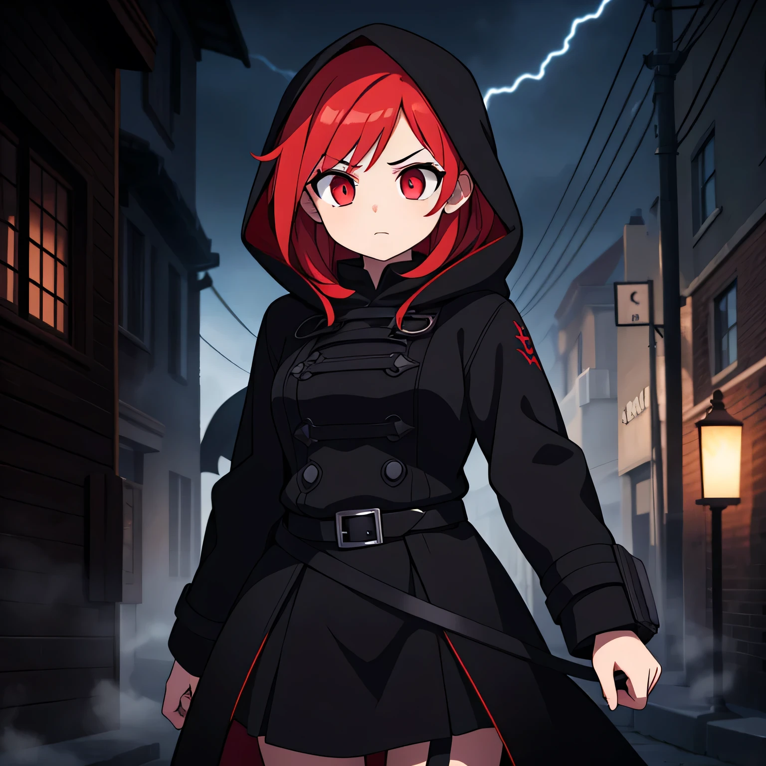 Best quality, realistic, a girl with red hair and detailed eyes and face, lightning bolts around, red glowing eyes, wearing a black dress, with a black overcoat, and a person with a black hood over their head. The scene depicts a huntress inspired by the style of Van Helsing. The background is a dark, mysterious setting with dimly lit streets and fog. The colors are rich and vibrant, with a dark and moody color palette. The lighting is dramatic, casting long shadows and highlighting the girl's determined expression. The overall image should have a cinematic and thrilling atmosphere, capturing the essence of a fierce and skilled huntress in action.