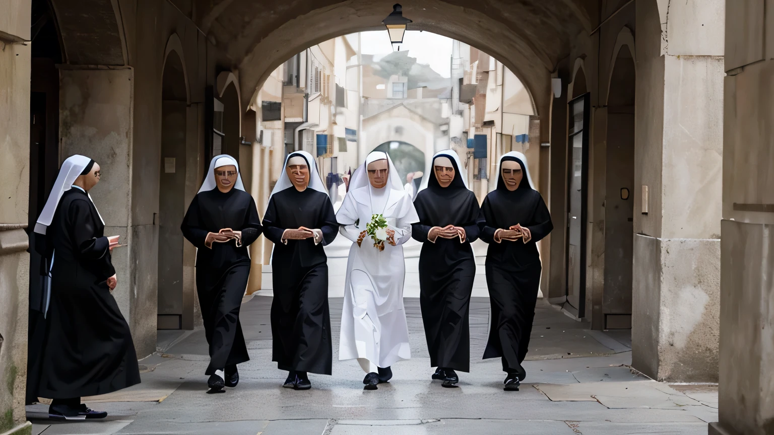 An image of nuns dressed all in black surrounding a nun dressed all in white who is walking in the middle of them